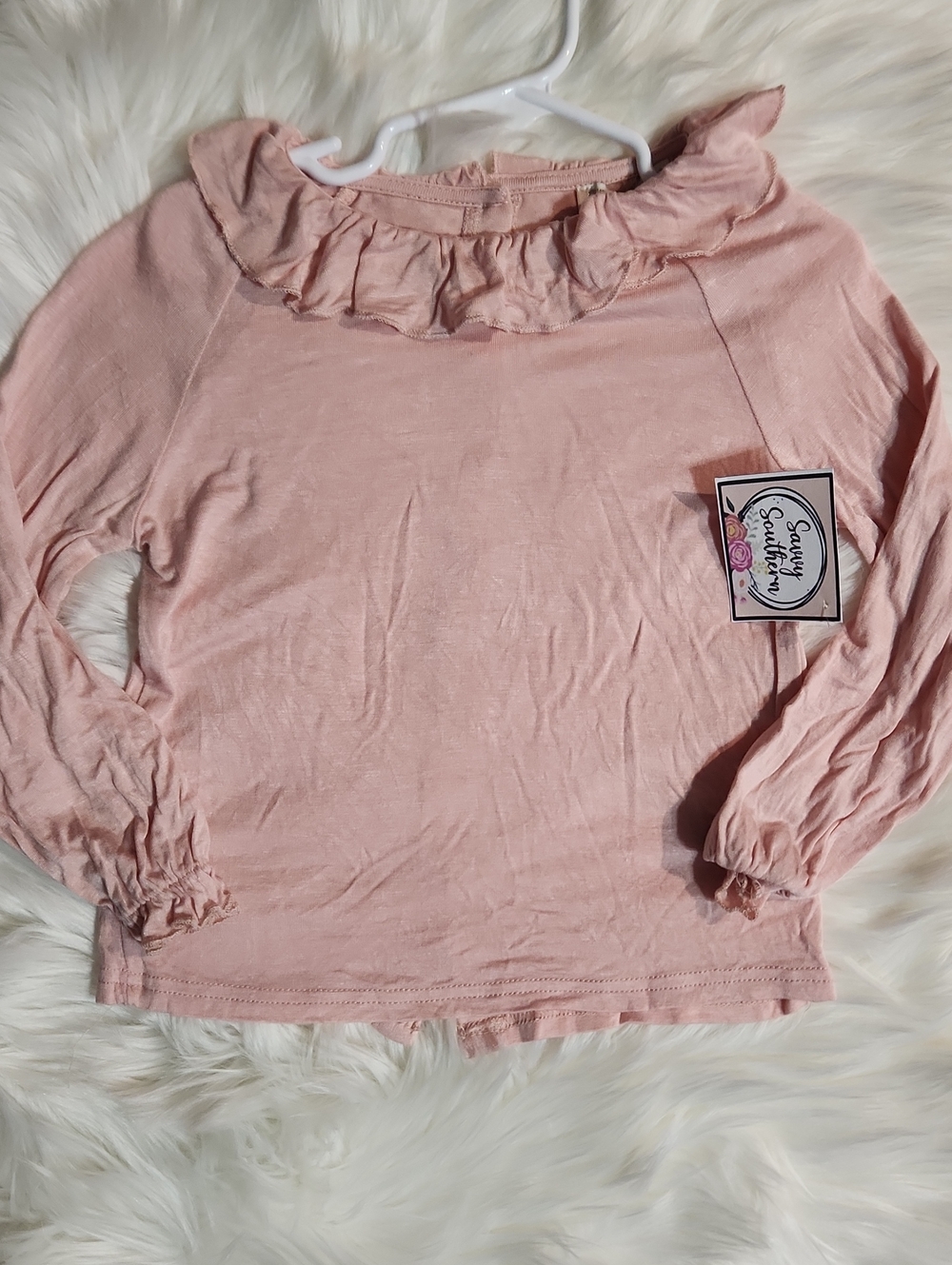 Light Pink Ruffle Neck Long Sleeve Top - Kids Size: 5
